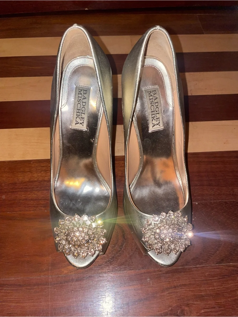Badgley Mischka Metallic Gold Jeweled Peep-Toe Pumps